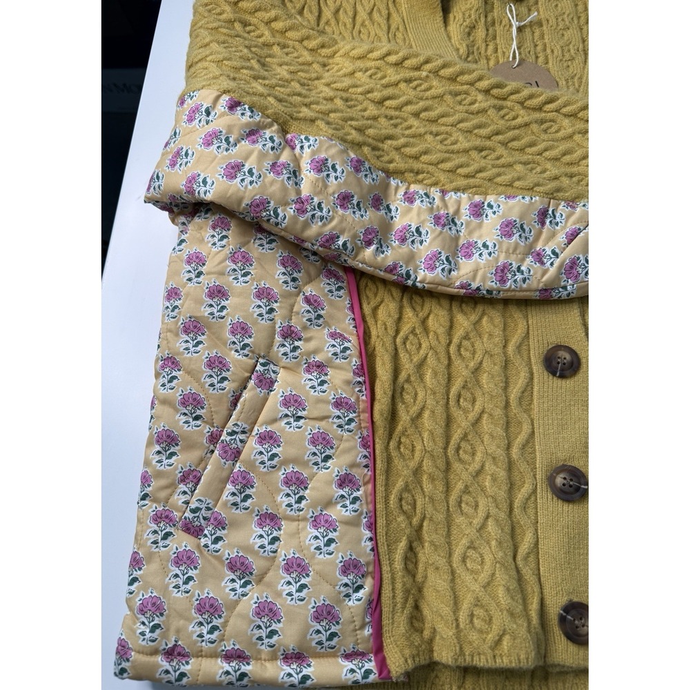 BIBI Cable Knit Floral Combo Cardigan Women's XL Yellow Mustard Quilted NWT - Picture 11 of 14